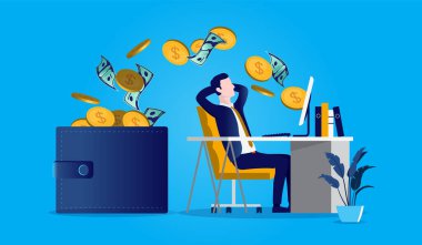 Para kazanan bir iş adamı, bilgisayarından cüzdanına para dökerken masanın önünde oturuyor. İnternetten para kazanmak, online dolandırıcılık ve pasif gelir kavramı. Vektör biçimi