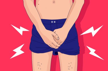 Genital ağrı, erkeğin özel bölgelerinin önünde el ele tutuşması hastalıktan ve iltihaplanmadan rahatsızlık duyması. Zührevi hastalıklar, testis sorunları ve kanser konsepti. Vektör illüstrasyonu.