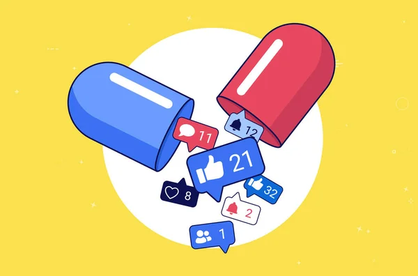 Addicted Social Media Χάπι Διαρρέει Ειδοποιήσεις Στα Μέσα Κοινωνικής Δικτύωσης — Διανυσματικό Αρχείο