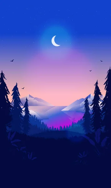 Fondo Naturaleza Vertical Con Luna Estrellas Escena Nocturna Aire Libre — Vector de stock