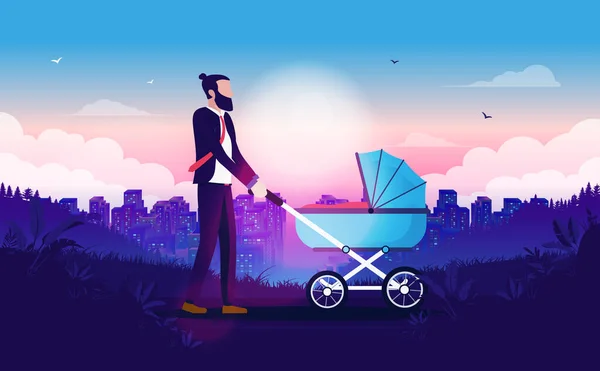 Businessman Baby Pram Man Taking Time Work Care Baby Walking — Stock vektor