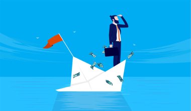 İflas - Yönetici sabit duruyor ve gemiyle birlikte batıyor. İflas işi ve başarısızlık konsepti. Vektör illüstrasyonu.