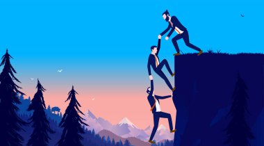 Grup çalışması- iş adamları açık havada zorlu bir uçuruma tırmanmak için birlikte çalışıyorlar. İş arkadaşlarına ve takım işbirliği konseptine yardım et. Şirket vektör illüstrasyonu.