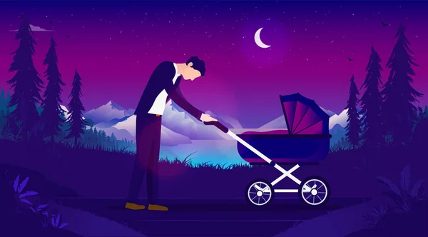 Tired Dad Paternity Leave Exhausted Man Walking Baby Stroller Outdoors — Stock Vector