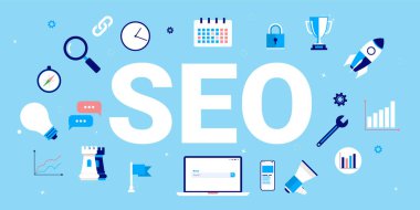 SEO - Arama motoru optimizasyon vektör çizimi. Araştırma, rekabet ve fikirler için simgeler ve illüstrasyonlar. Kelimenin etrafında.