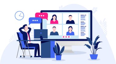 Uzaktan görüşme - Merkez ofiste oturan adam internette iş arkadaşlarıyla video görüşmesi yapıyor. Ev kavramından çalış. Vektör illüstrasyonu.