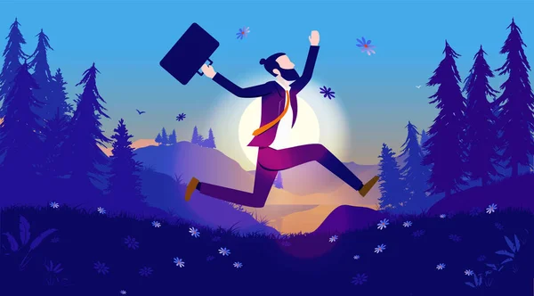 Super Happy Businessman Celebrates Natural Paradise Very Happy Man Jumping — Stock vektor