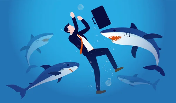 Businessman Danger Man Sinking Water Scary Sharks Swimming Unlucky Business — Διανυσματικό Αρχείο