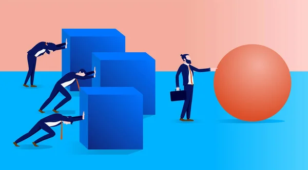 Work smarter not harder in business - Man working effortlessly with ball while colleagues struggling with square shapes. Vector illustration.