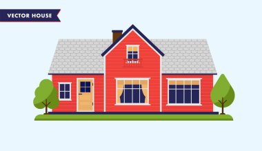 Kırmızı renkli ev. Bahçesinde pencere, giriş ve kadın olan orta sınıf aileler için orta büyüklükte bir ev. Vektör illüstrasyonu