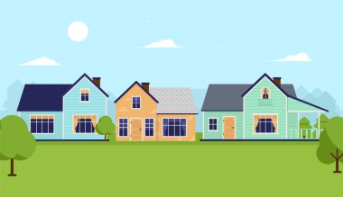 Çimen ve çimen geçmişi olan vektör evler. Komşuluk ve arka bahçe kavramı. Vektör illüstrasyonu