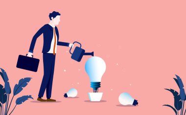 Creating ideas - Man watering a flowerpot with lightbulb. Growing and nurturing ideas concept. Vector illustration clipart