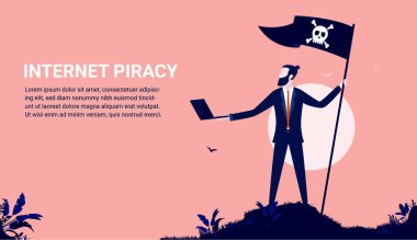 Internet piracy - Businessman with pirate flag holding computer downloading illegal software. Copy space for text clipart