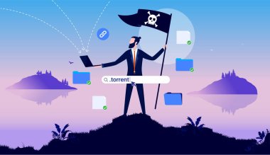 Internet pirate - businessman with pirate flag holding laptop and downloading files and software. Online piracy concept. Vector illustration clipart