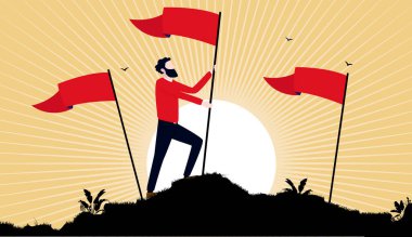 Sosyalizm bayrak kaldırıyor - Sosyalist adam tepenin üstünde kırmızı bayrak tutuyor ve arka planda güneş doğuyor. Propaganda biçimi vektör çizimi.