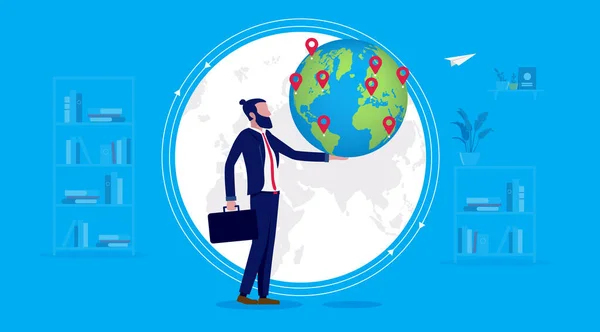 Бізнесмен Тримає Земну Кулю Руці Міжнародний Бізнес Клієнти Всьому Світові — стоковий вектор