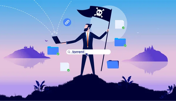 Internet Pirate Businessman Pirate Flag Holding Laptop Downloading Files Software — Stock Vector