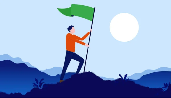 Личный Триумф Человек Празднует Жизненные Цели Победу Поднимая Зеленый Флаг — стоковый вектор