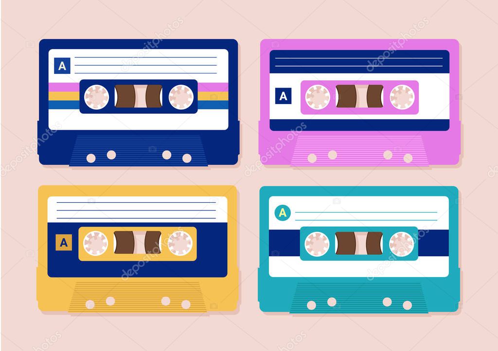 Vector cassettes - a set of four cassette tapes in different colour. Retro music, and 80s nostalgia concept. Vector illustration