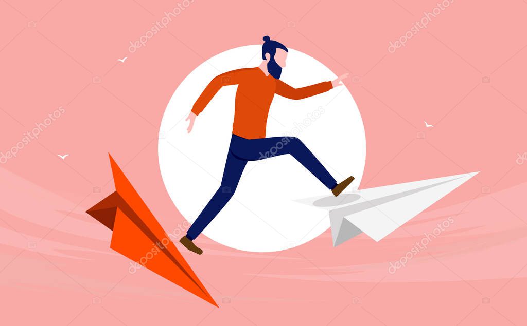 Taking risks in life - casual man jumping from old life to new opportunities, going forward concept. Vector illustration