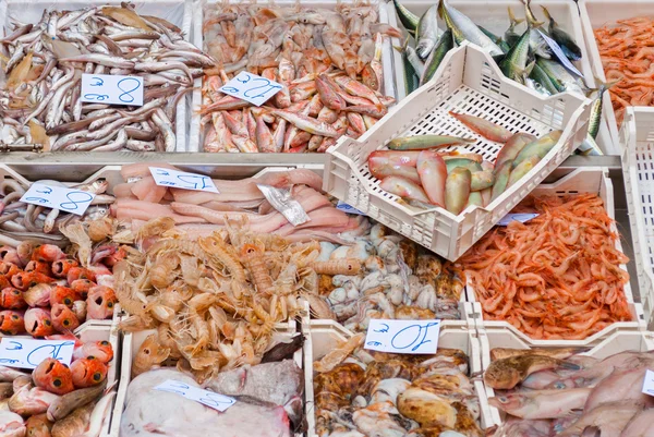 Cajas llenas de mariscos de colores en el mercado de pescado de Catania (Sicilia) ) — Foto de Stock