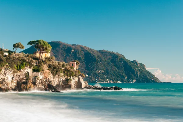Linia de coastă din Liguria cu promontoriul Portofino în fundal — Fotografie, imagine de stoc
