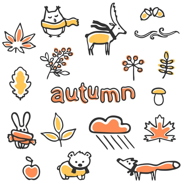 Série d'illustrations d'automne. Animaux vecteurs et plantes — Image vectorielle