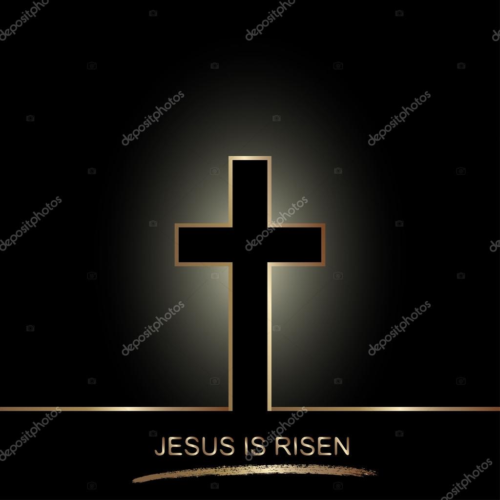 Golden cross isolated on black background. Easter christian motive,with text Jesus is risen, vector illustration.