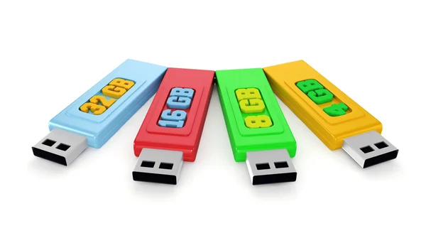 4 memorias USB con capacidades —  Fotos de Stock