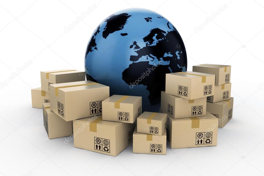 Cardboard boxes and planet earth render on white background