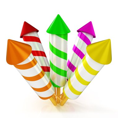 3D parlak ve parlak renkli roketler havai fişek