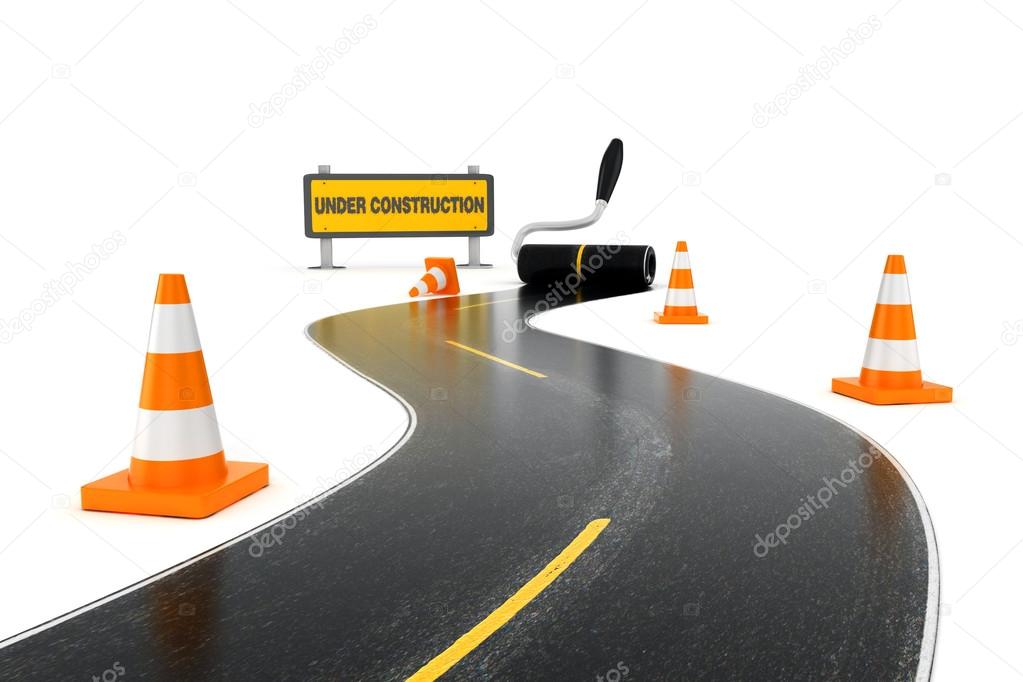 3d road signs, under construction message and color painter painting the road