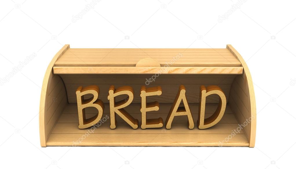 3d bread box and word bread made of bread pieces render isolated on white