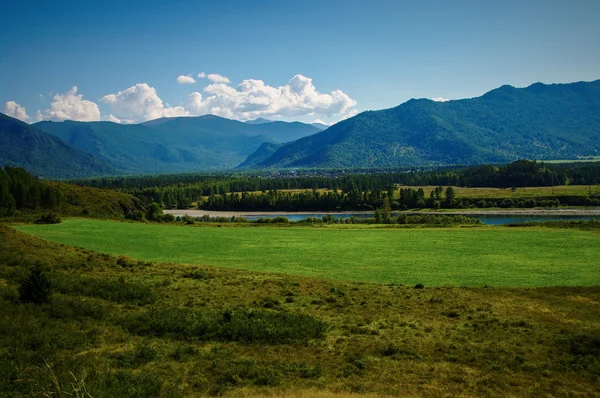 View of the green field and a river in the mountains — Stock Photo, Image