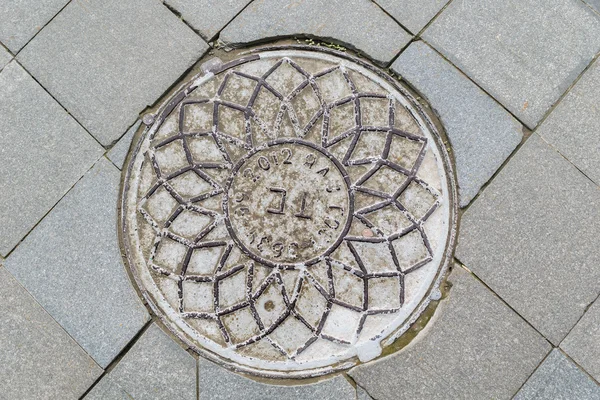 Metal manhole cover with ornaments covering the technology pit — Stock Photo, Image