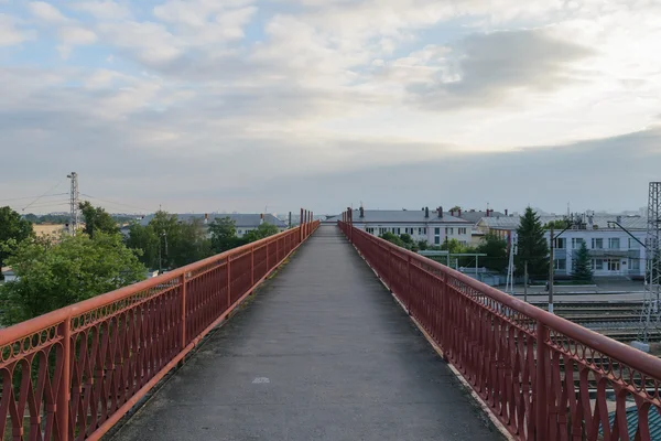 Hög lång bro över spåren vid en större tågstation (nod) — Stockfoto