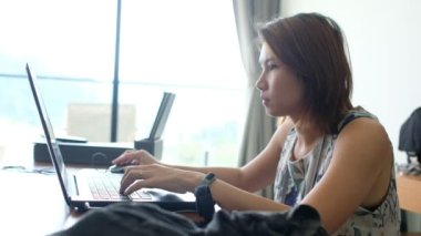 Kadın dizüstü bilgisayara bakıyor, yeni bir proje düşünüyor.