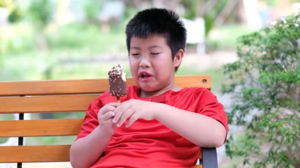 Asiático Menino Comer Sorvete Delicioso Feliz Conceito — Vídeo de Stock