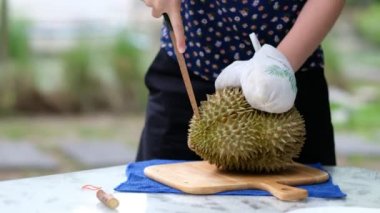 Yakın plan kadın eli soyan Durian, meyvelerin kralı