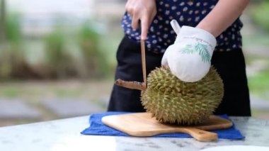 Yakın plan kadın eli soyan Durian, meyvelerin kralı