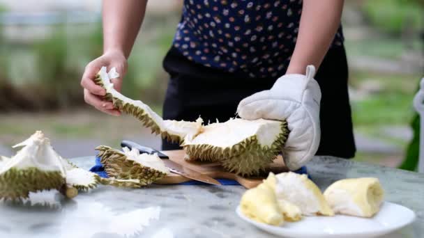 Tangan Wanita Closeup Mengupas Durian Raja Buah — Stok Video