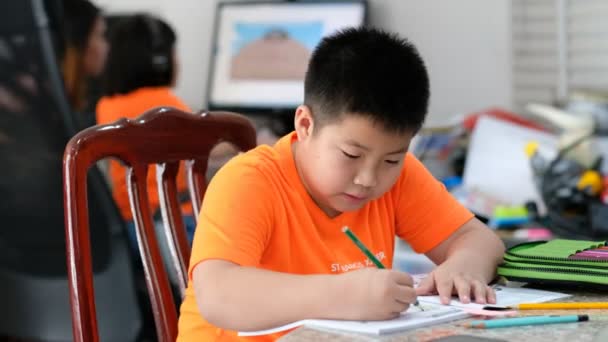 Junge Macht Hausaufgaben Kind Schreibt Papier Bildungskonzept Zurück Zur Schule — Stockvideo