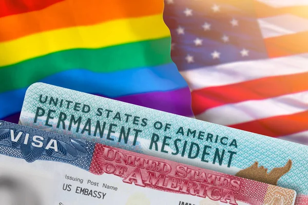 VISA United States of America. Green Card US Permanent resident. Work and Travel documents. US Immigrant. Rainbow flag symbol gays and lesbians LGBT. Embassy USA. Immigration Visa in passport.