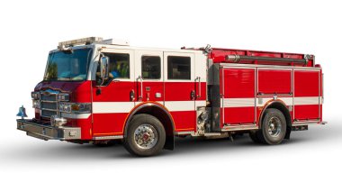 Firetruck or Red Fire engine. American fire truck on white isolated background. Emergency vehicle. Real full size car. American Rescue Service. clipart