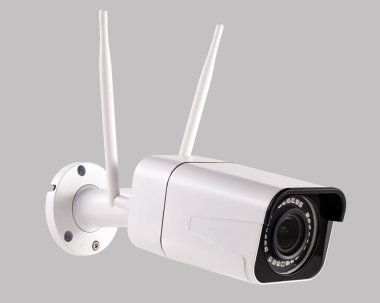 Güvenlik kamerası kablosuz veya Optik Zoom ile kablosuz bağlantı. Güvenli ev ya da araba için açık hava video izleme sistemi. Makro Yüksek çözünürlüklü fotoğraf Gri arkaplanda tam derinlik.