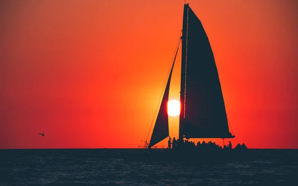 Sailboat. Beautiful seascape with silhouette of sail boat or luxury yacht on horizon. Ocean sunset and red sky. Summer vacation. Good for travel agency, billboard or post card. Photo with copy space.