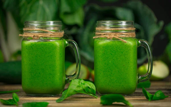 Batido Verde Dieta Vegetariana Saludable Tarro Vidrio Tarro Mason Con — Foto de Stock