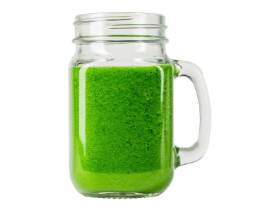 Green smoothie. Mason Jar with handle for drinking smoothie. Healthy vegetarian diet. Food and Drink. High resolution photo. Macro Close-up Full depth of field. White isolated background. 