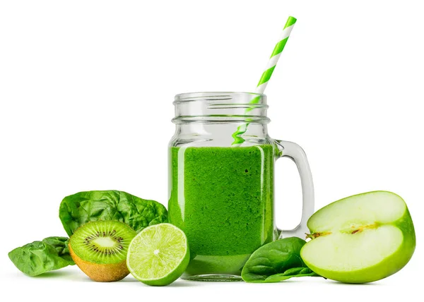 Green Smoothie Mason Jar Handle Drinking Smoothie Healthy Vegetarian Diet — Zdjęcie stockowe