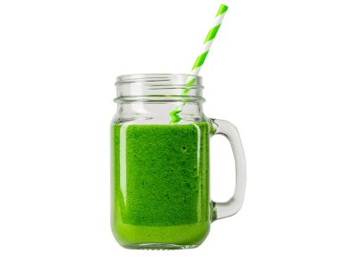Green smoothie. Mason Jar with handle for drinking smoothie. Healthy vegetarian diet. Food and Drink. High resolution photo. Macro Close-up Full depth of field. White isolated background. 